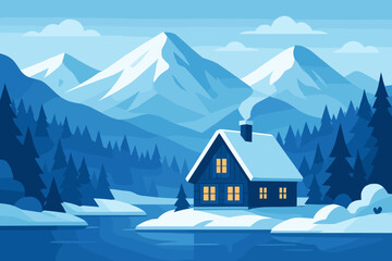 Winter landscape with a cozy house by a lake in the mountains. Vector illustration of a cabin in a snowy forest. Serene nature scenery, travel or solitude concept. Modern flat design.