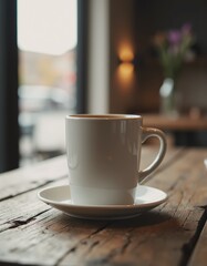 Ceramic coffee mug on a rustic wooden table, perfect for cozy settings