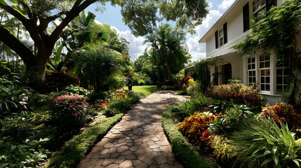 Beautiful home with lush landscaping under a sunny sky    -
