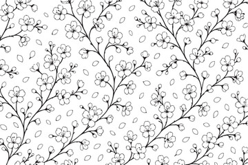Fototapeta premium Delicate black and white line art illustration of blooming cherry blossom branches with falling petals on a white background