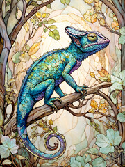Vibrant Chameleon on Branch in Stained Glass: A colorful reptile with intricate scales perches amidst lush foliage.