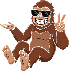 Cool Chimp with Sunglasses and Peace Sign, Playful Monkey Showing V Sign, Happy Ape with Joyful Expression, Relaxed Cartoon Character, Funny Animal Graphic for Kids and Fun Designs.