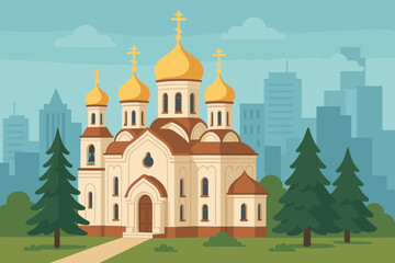 Obraz premium Orthodox church in modern city. Christian religion temple with golden domes. Urban landscape with cathedral. Vector illustration. Spirituality, faith, worship architecture.