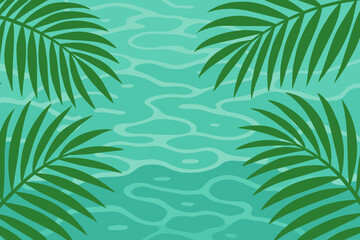 Tropical Palm Leaves Over Turquoise Water Background. Summer Nature Border. Exotic Jungle Foliage Frame. Blue Sea Surface. Green Palm Fronds. Vacation Beach Design. Flat Vector Illustration.