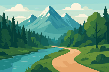 Scenic Mountain River Path in Lush Forest, Majestic Peaks, Serene Nature Park, Winding Trail, Tranquil Landscape, Outdoor Adventure, Idyllic Wilderness, Vector Illustration