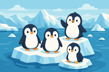 Naklejka premium Cute Cartoon Penguins on Floating Icebergs in Antarctic Landscape with Glaciers, Blue Water, Snowy Mountains, Winter Wildlife, Vector Illustration for Kids, Postcard, Poster, Nursery Decor