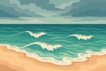Tropical Beach Shoreline with Rolling Waves, Cloudy Sky, Restless Sea, Sandy Coast, Modern Flat Vector Illustration, Ocean Landscape, Seaside Nature, Coastal Weather Scene