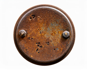 A close-up of an old rusty metal bolt with a grunge texture, isolated against a vintage brown wall