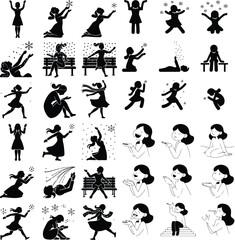 Snowy Day Vector Icons – Female in Snow Pose Silhouettes Woman Catching Snowflakes Silhouette Set – Winter Joy Icon Collection