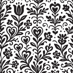Intricate black and white folk art floral pattern with stylized flowers hearts and swirling vines on a clean white background