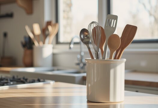 Kitchen utensils arranged in a ceramic holder on a wooden countertop