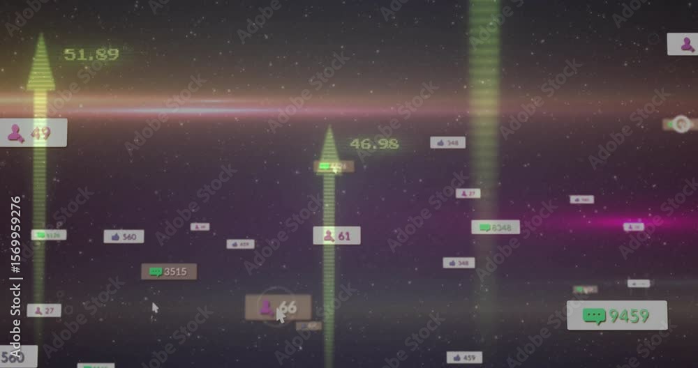 Poster glowing band starting green arrows rising with metrics drifting, fading and showing data shifts