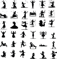 Snowy Day Vector Icons – Female in Snow Pose Silhouettes Woman Catching Snowflakes Silhouette Set – Winter Joy Icon Collection