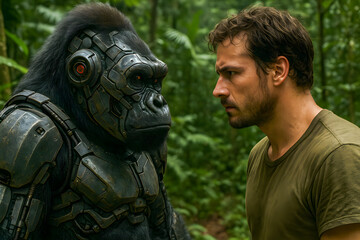 Man and Robot Gorilla Standoff in Forest Environment