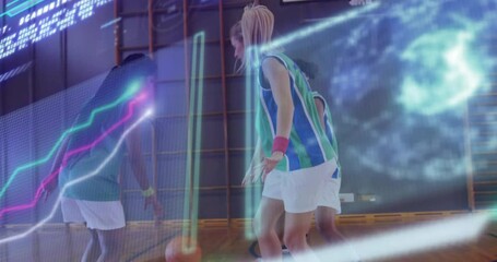 Ball-handler doing crossover on basketball court activating holographic overlay for skill boost - Powered by Adobe
