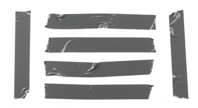 Grey Duct Tape Strips: A collection of gray duct tape strips, each with its own texture and subtle imperfections. Showcasing the utilitarian nature of this versatile adhesive.