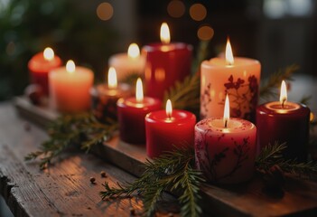 Beautiful candles burning on a dining table, creating a warm ambiance