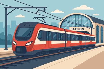 Naklejka premium Modern Electric Train Arriving at Urban Railway Station, Red and White Passenger Train, Subway Transit, City Transport, Flat Vector Cartoon Illustration