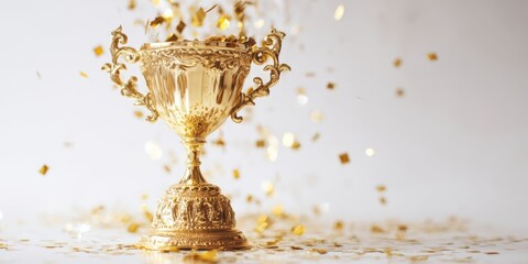 The golden trophy surrounded by shimmering confetti celebrating achievement and success.