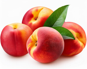 Fresh, ripe peaches with leaves on a white background, perfect for healthy dessert or diet imagery