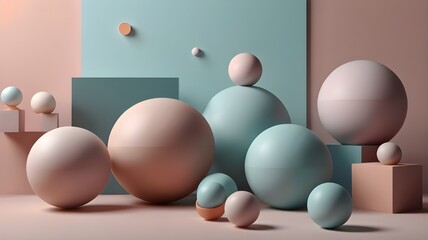 Abstract 3D Composition with Spheres and Cubes in Pastel Tones