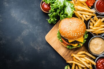 Classic cheeseburger with fries and sauces on dark background, top view