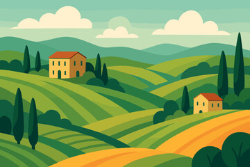 Tuscany landscape with rolling green hills, fields, villa houses. Italian rural farm scenery. European summer village view. Abstract nature background in modern flat style.