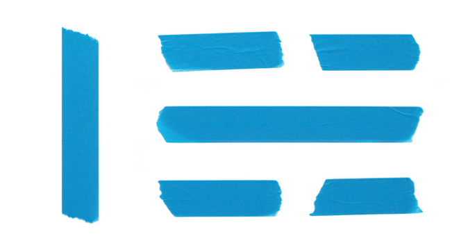 Blue Adhesive Tape Strips: The image captures an array of meticulously arranged blue adhesive tape strips, showcasing their varied shapes and sizes against an immaculate background.