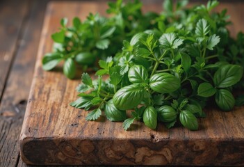 Fresh herbs on a wooden cutting board, perfect for culinary inspiration