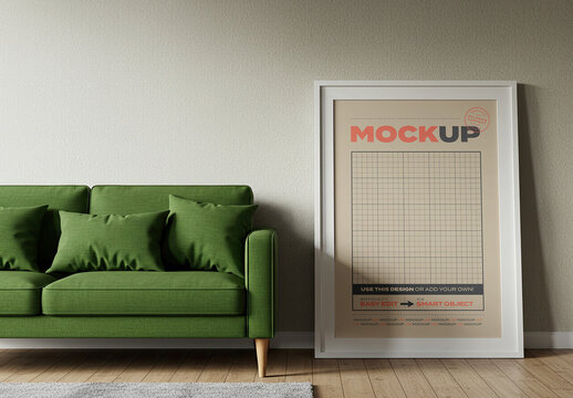 Big Vertical Stand Poster Frame Mockup with Sofa