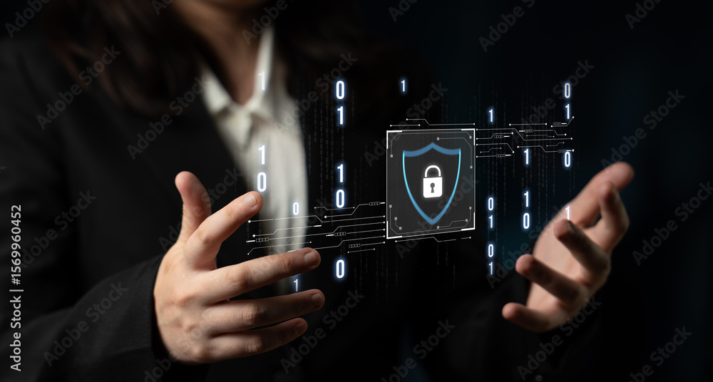 Poster cyber security protects against breaches, hacks, and network attacks using strong infrastructure and