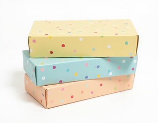 isolated stack of snack boxes in pale yellow, baby blue, and light peach, speckled with colorful microdots on white background.