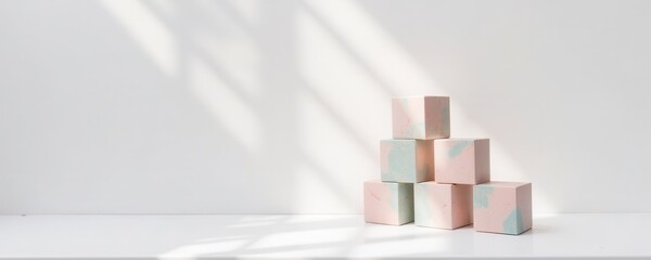 pastel speckled cube packaging design, stack of five boxes neatly aligned with light falling diagonally on a white backdrop.