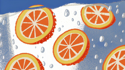 Vibrant Citrus Fruit Slices in Water Illustration A Colorful and Artistic Depiction of Oranges