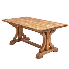 Rustic wooden dining table with robust trestle base and planked surface isolated on transparent background