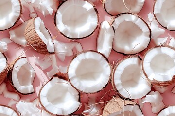 Tropical Coconut Halves Pink Background.