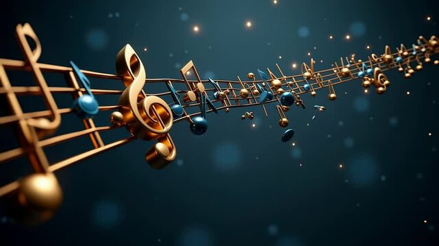 Golden treble clef spirals down a music staff with shimmering notes against a deep blue background suitable for concert promotion.