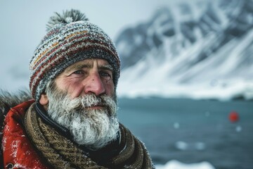 Portrait of a norwegian fisherman with a frozen beard, braving the arctic cold near the coast