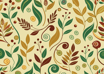 Botanical pattern with leaves berries and swirls in shades of green brown and gold on a cream background