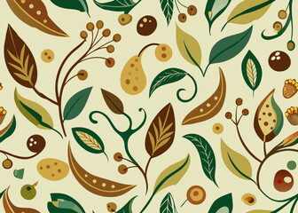 Seamless pattern featuring stylized leaves berries and pears in earthy autumnal tones aesthetic design