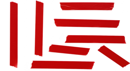 Red Tape Strips: A collection of vividly red tape strips, each piece showcasing its own unique shape and texture, exuding a sense of organized chaos. Capturing the essence of detail and design.