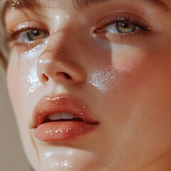 Womans face with sunlit, and skincare.
