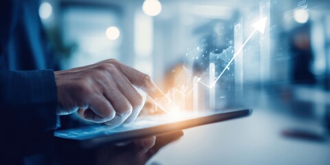 The tablet displaying dynamic financial growth and analytics with user interaction.
