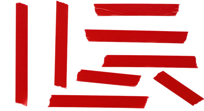 Red Tape Strips: A collection of vividly red tape strips, each piece showcasing its own unique shape and texture, exuding a sense of organized chaos. Capturing the essence of detail and design.