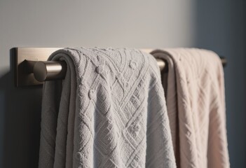 Soft bathroom towels hanging on a stylish rack, perfect for home decor