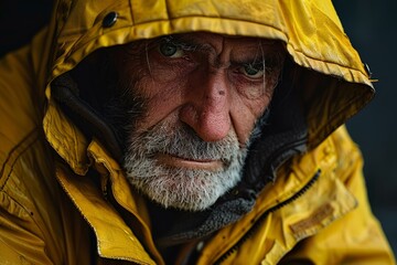 Portrait of a determined, weathered fisherman braving the elements in his protective yellow raincoat