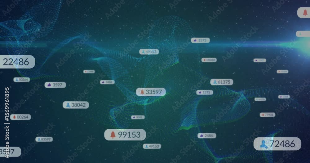 Poster starting with starry wave mesh, floating icon labels appearing and fading visualizing trends