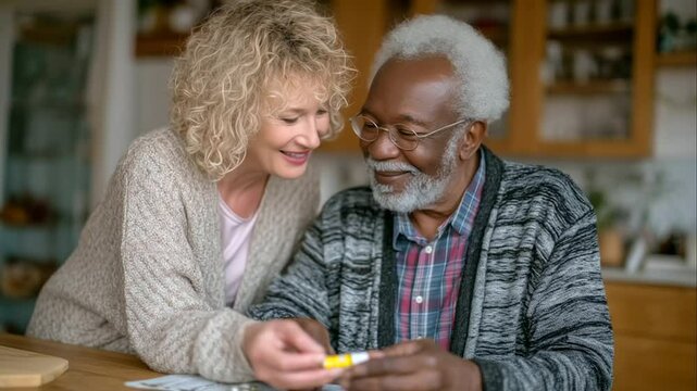 Woman helps elderly man with daily medication at a kitchen table, careful expression reveals concern, care, and awareness of his emotional and physical well-being.
