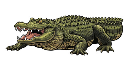 Obraz premium A powerful alligator, mouth agape, displays its formidable teeth and textured scales against a stark white background.