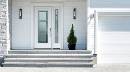 Fototapeta premium The elegant entrance featuring a modern door and decorative potted plant.
